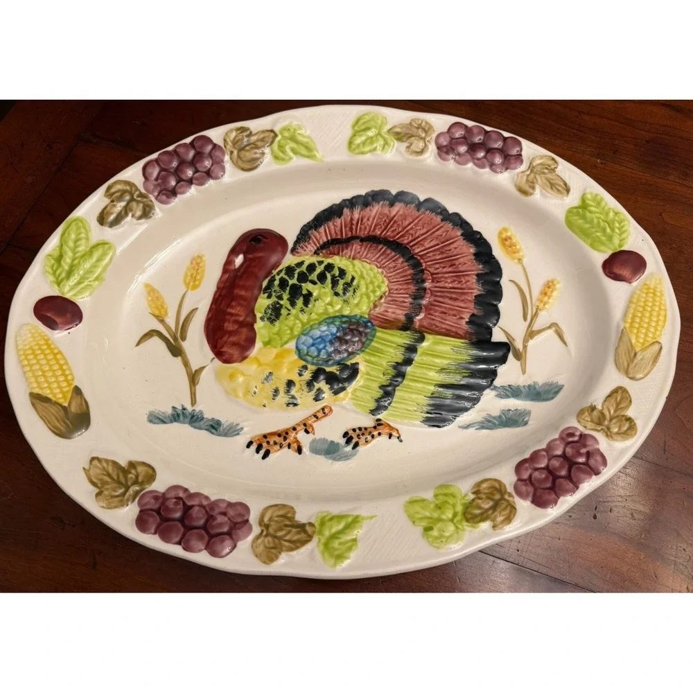 Vintage Large Ceramic Thanksgiving Serving Platter Turkey Embossed Hand Painted